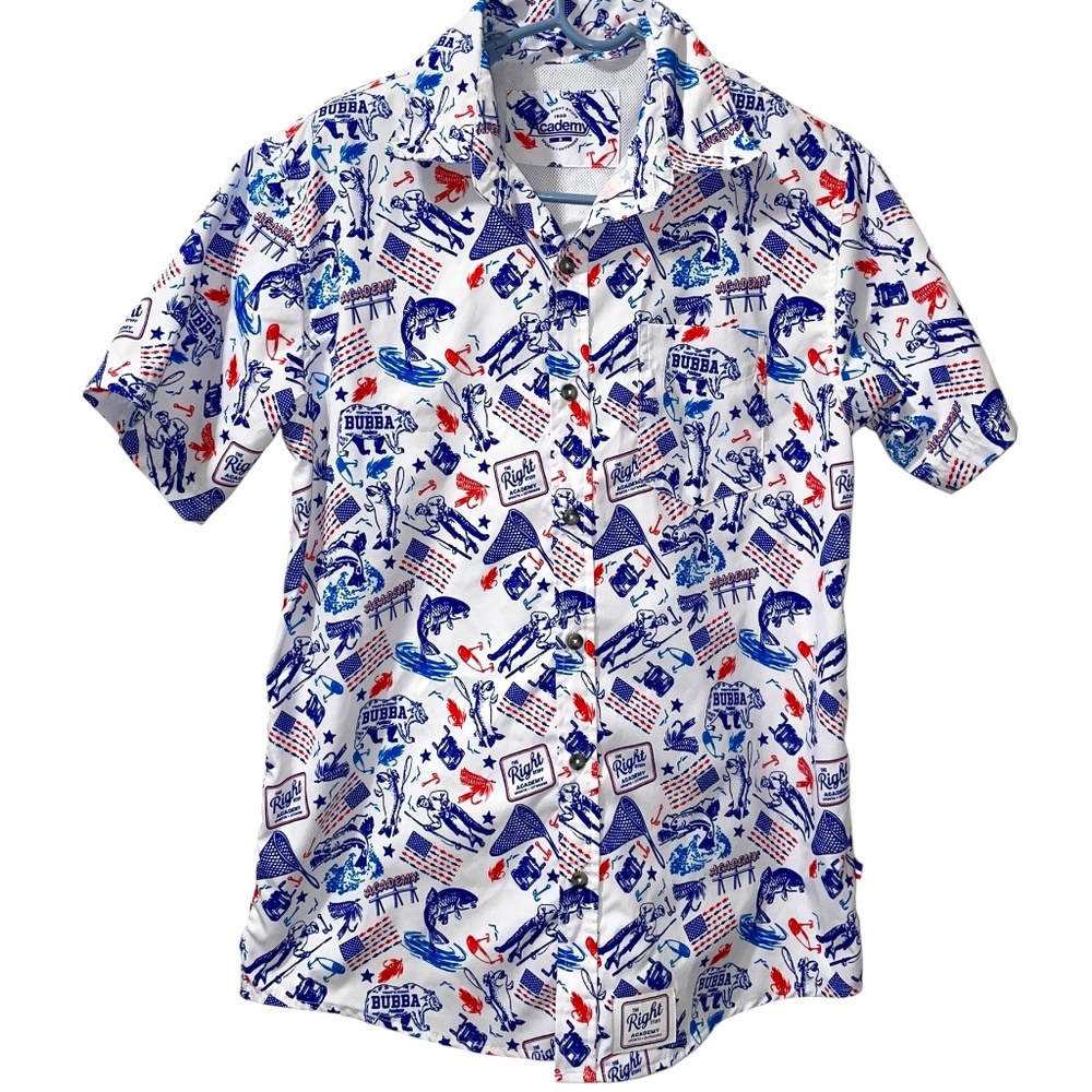 Academy Right Stuff Men's Short Sleeve‎ Vented Fishing White Blue Shirt Top Sz S